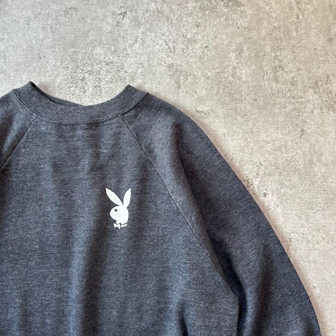 70s- プレイボーイ スウェット USA製 L チャコールグレー フロッキー