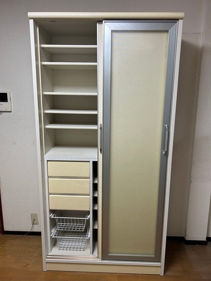 スライド式食器棚 ベージュ ホワイト