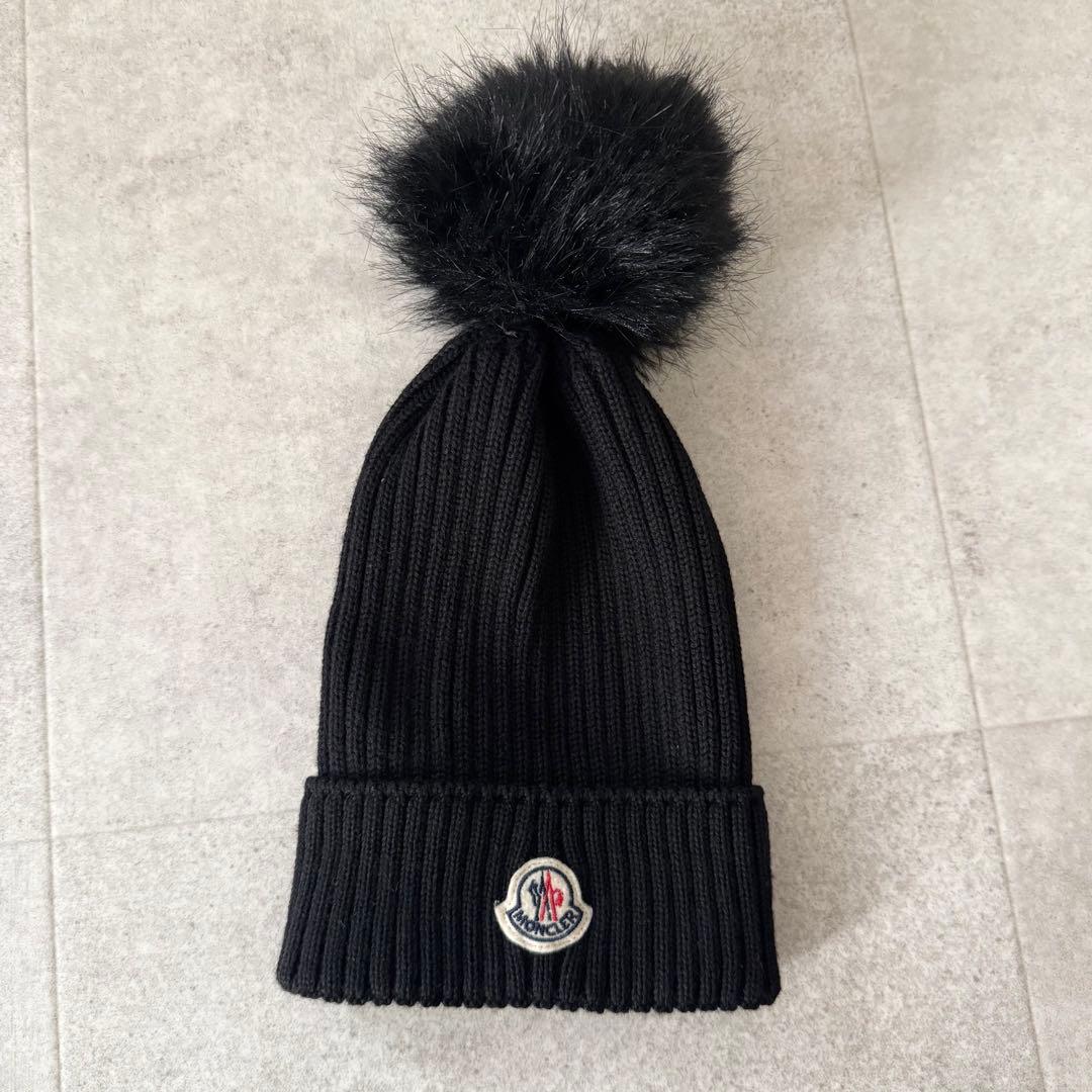 モンクレール　ボンボンニット　ニット帽　ビーニー　ロゴワッペン　黒　L