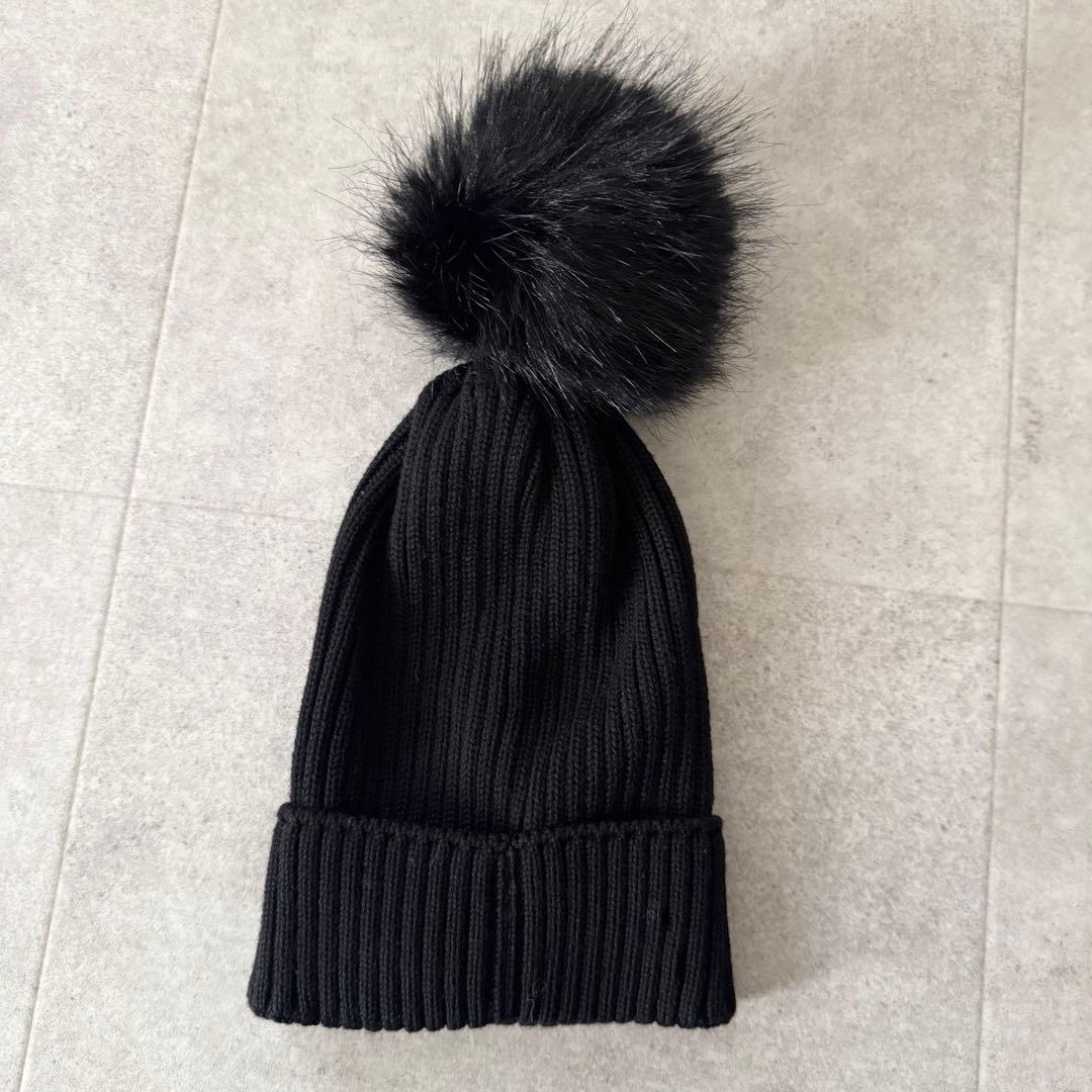 モンクレール　ボンボンニット　ニット帽　ビーニー　ロゴワッペン　黒　L