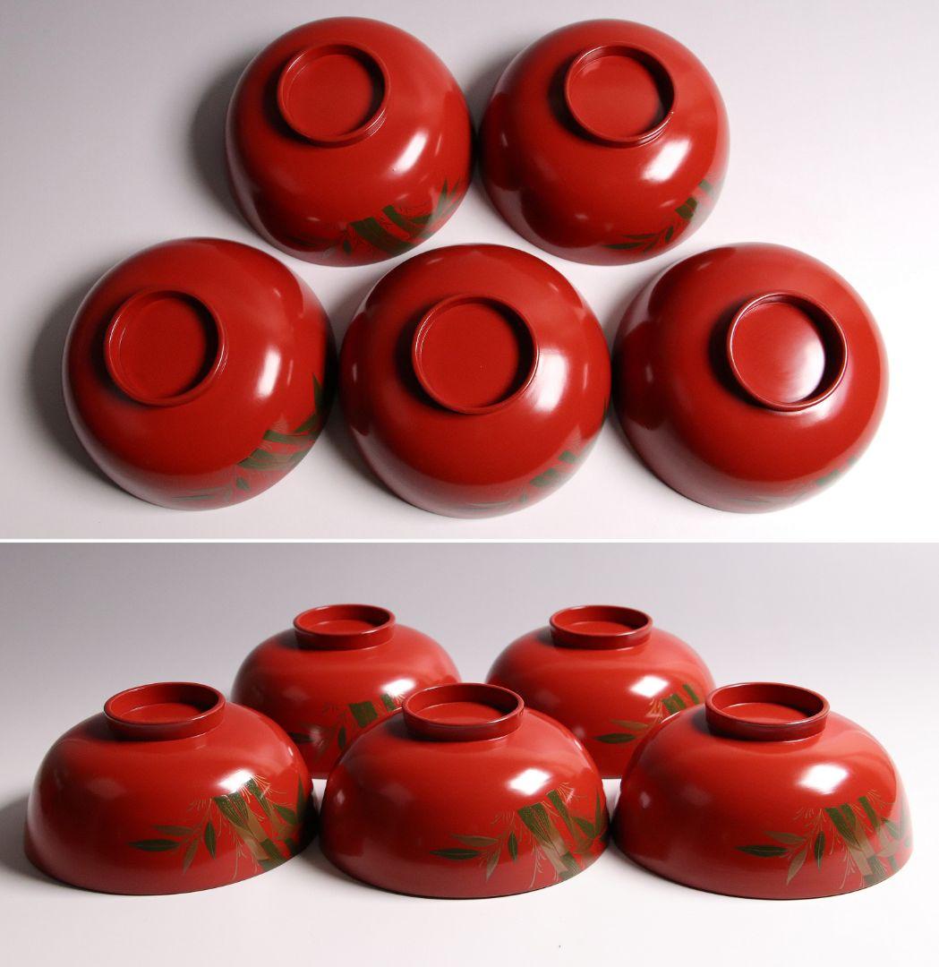 CG34 輪島塗 時代木製漆器 竹笹蒔絵 朱塗御吸物椀 五客 / 伝統漆芸茶懐石