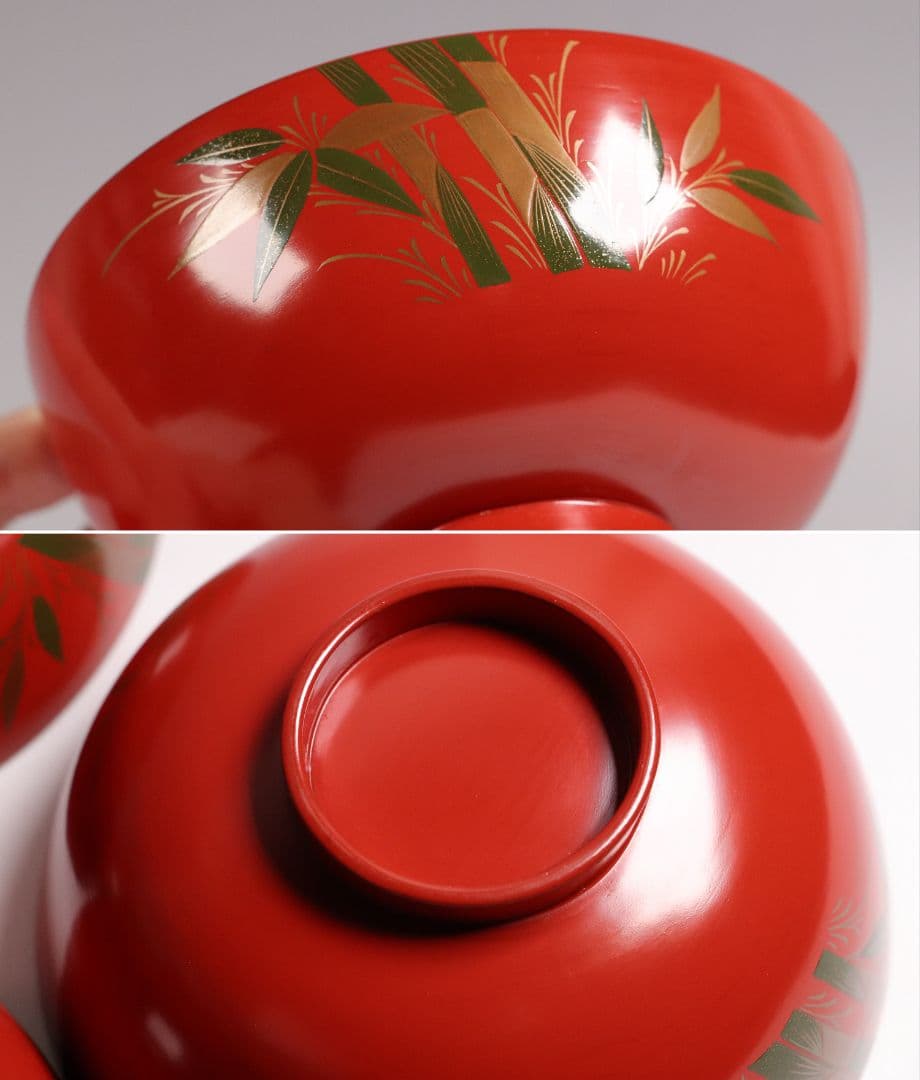 CG34 輪島塗 時代木製漆器 竹笹蒔絵 朱塗御吸物椀 五客 / 伝統漆芸茶懐石