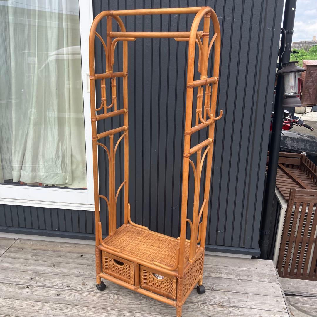 昭和レトロ アーチ型 ラタンハンガーラック 籐家具 花柄カバー付き 古家具