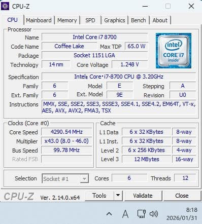 【中古】Intel® Core™ i7-8700 プロセッサー