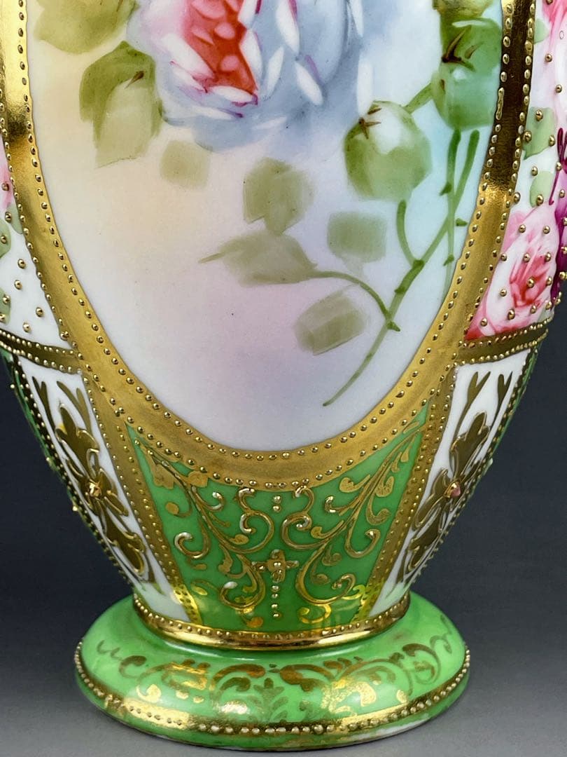 【希少】オールドノリタケ 薔薇紋 ジュエル 金点盛り ビーディング 花瓶