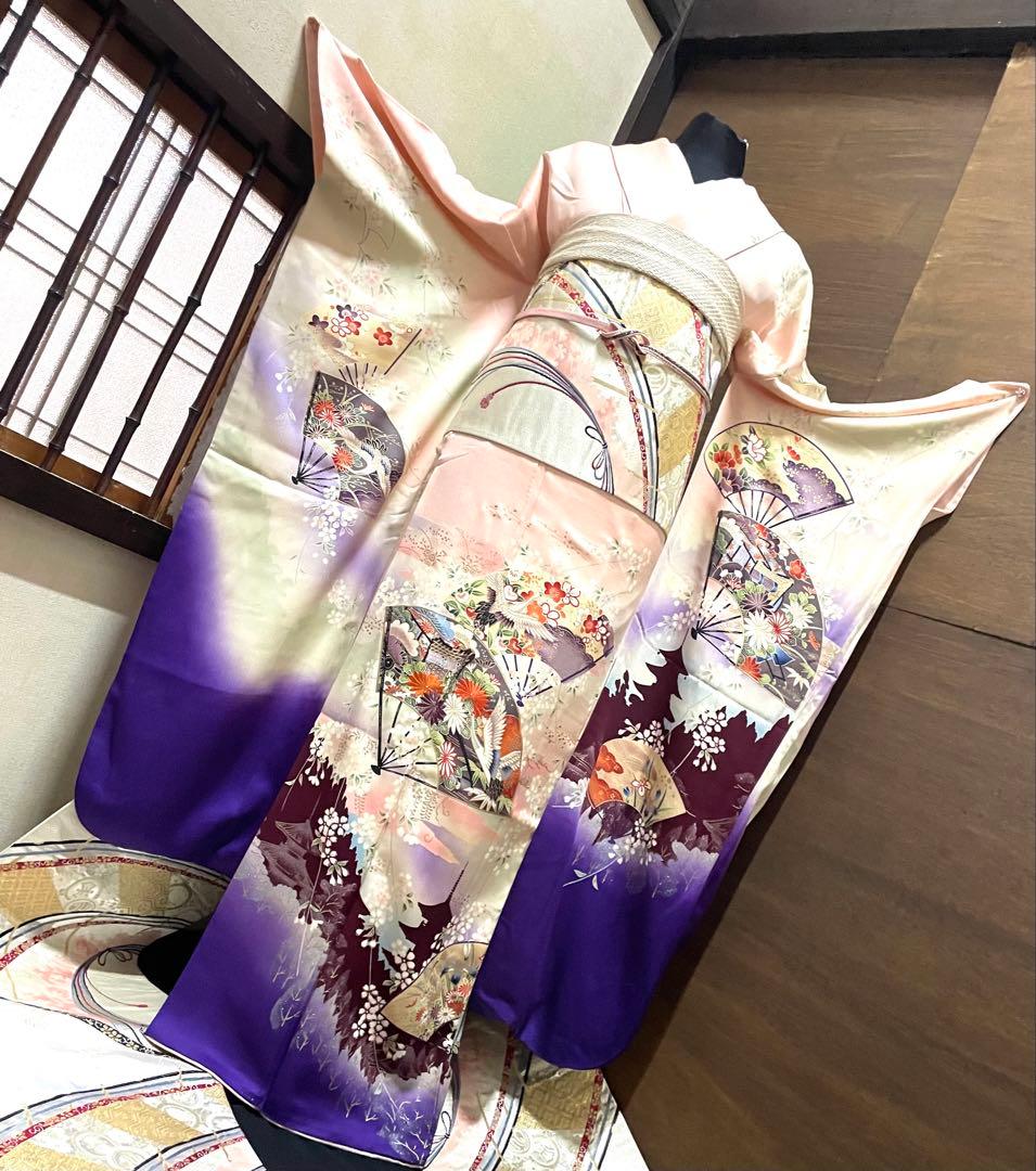振袖 フルセット6点サイズM〜Ｌ扇子御所車鶴文　暈し染め　金糸　銀彩　正絹