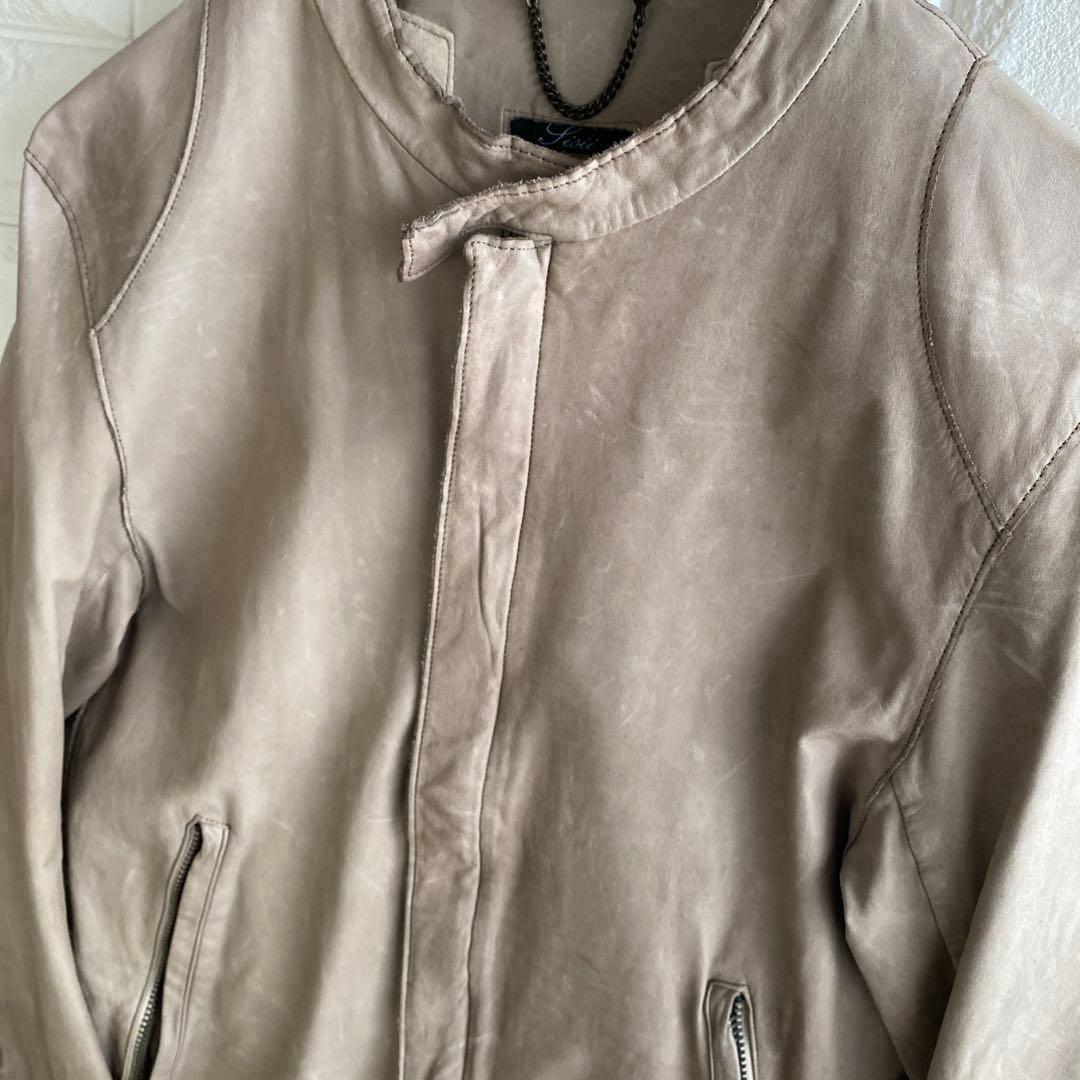 【牛革】 Sisii ベージュ レザージャケット スタンドカラー S 4434