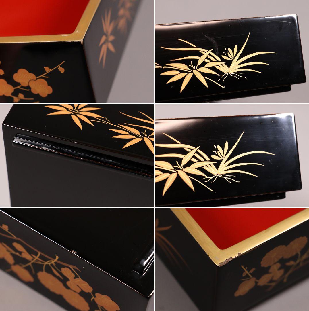 輪島塗 四君子 金蒔絵 二段重 重台 二枚蓋 黒塗 朱塗 木箱 木製 MA90