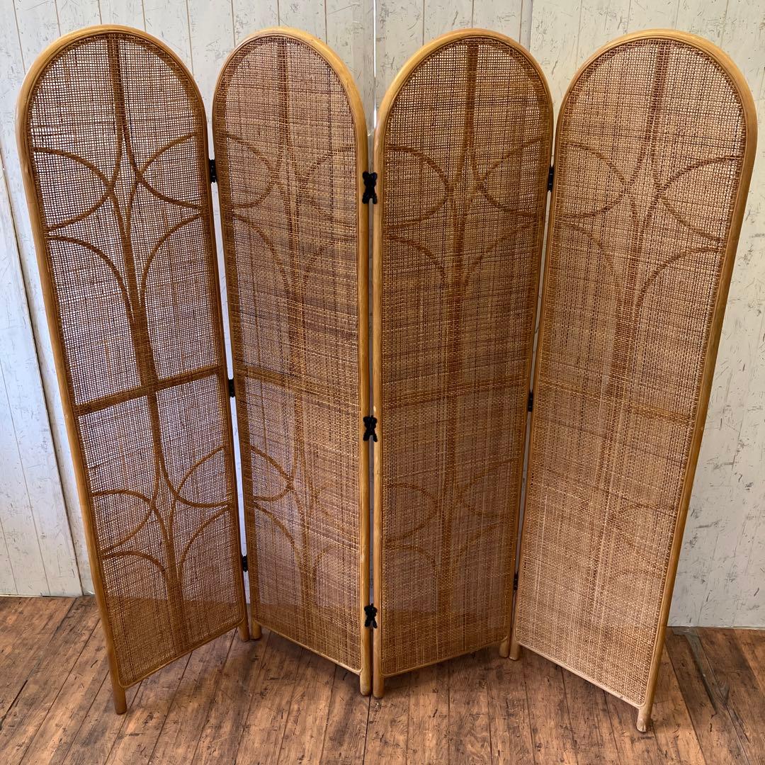 昭和レトロ エスニック ラタン 4連 パーテーション 間仕切り 仕切り アジアン