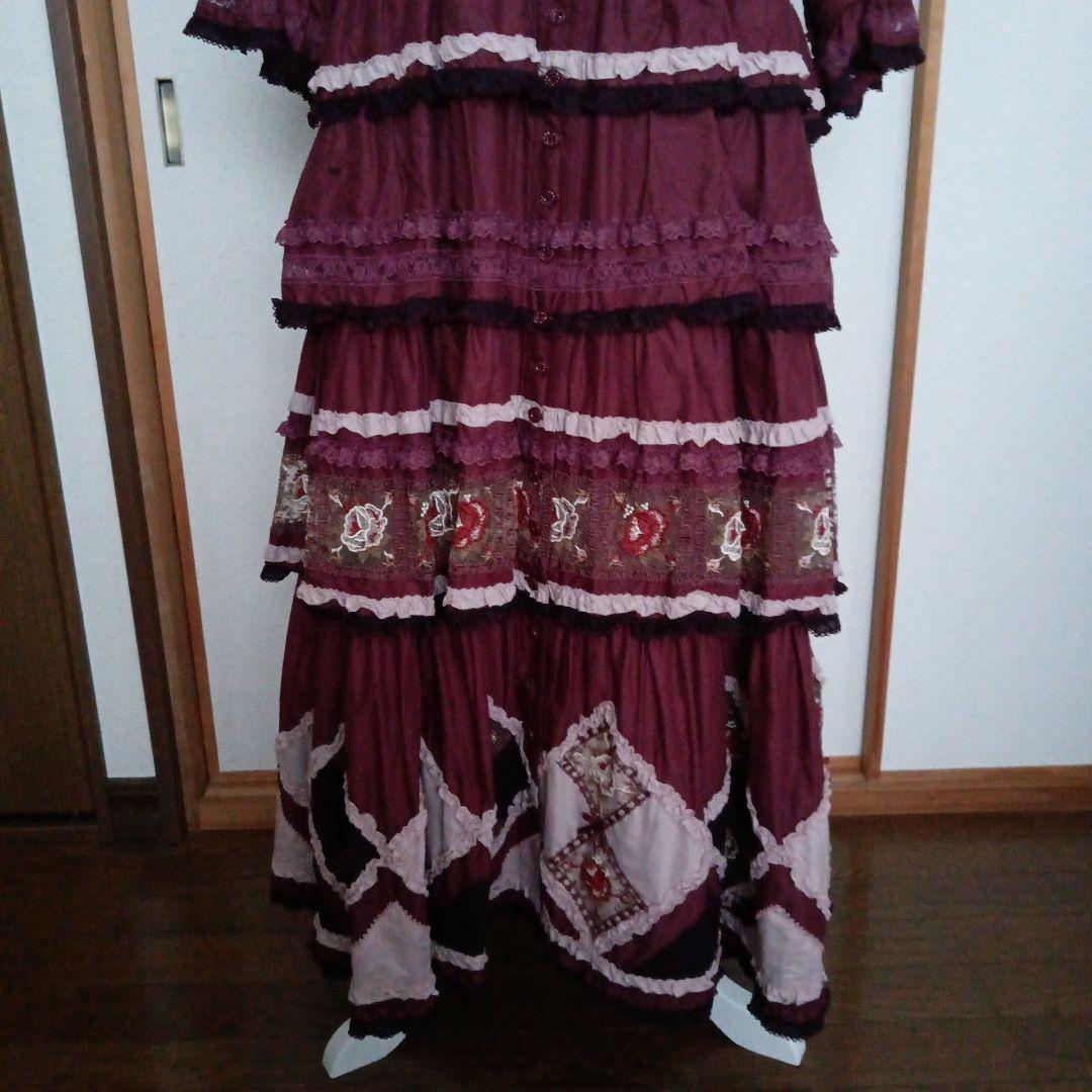 ピンクハウス　ローズチュールレース使いパッチワーク風ワンピース　モーブピンク　赤