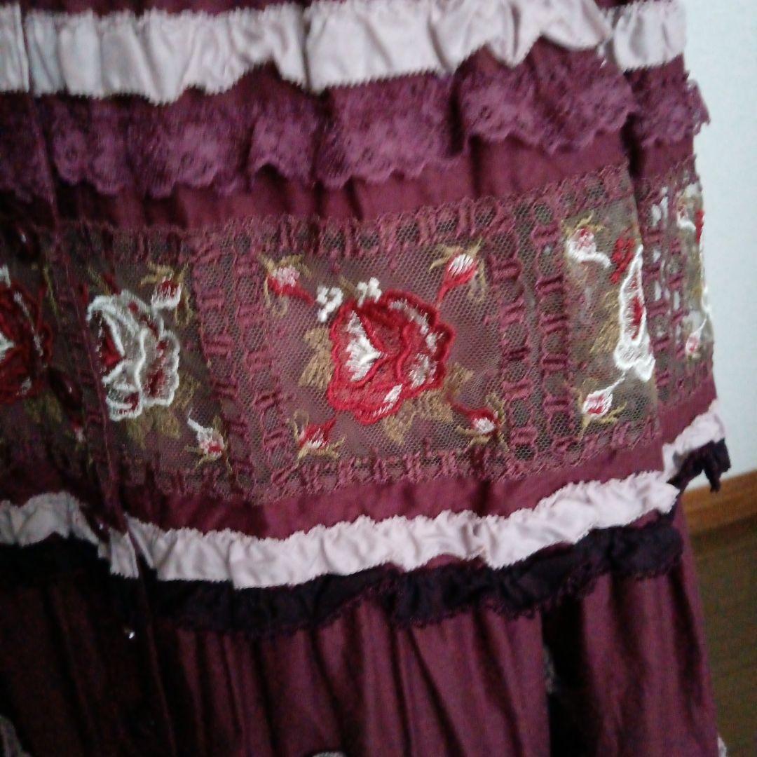 ピンクハウス　ローズチュールレース使いパッチワーク風ワンピース　モーブピンク　赤