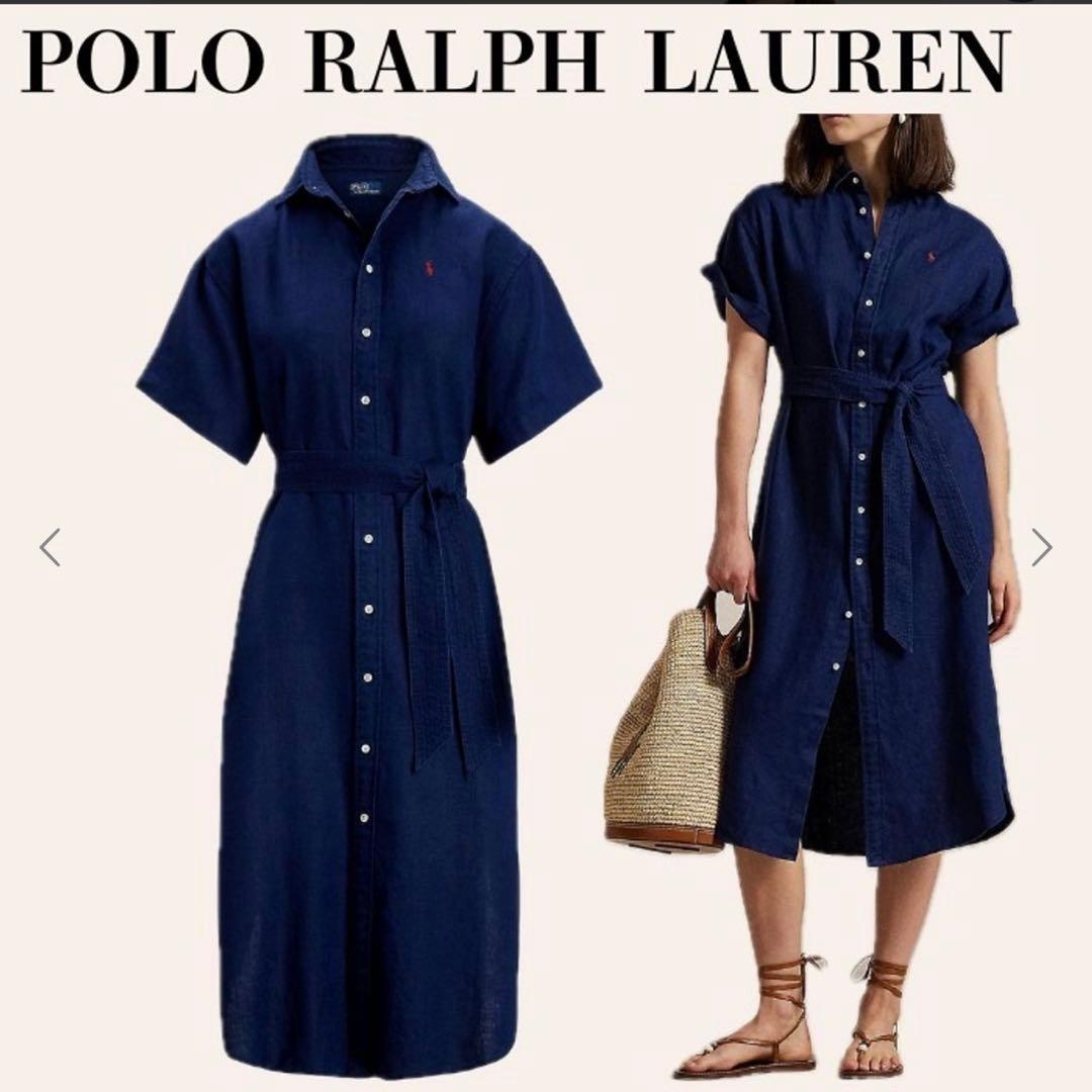 25SS現行/RL+ ポロラルフローレン リネン100 マキシ丈 シャツワンピ