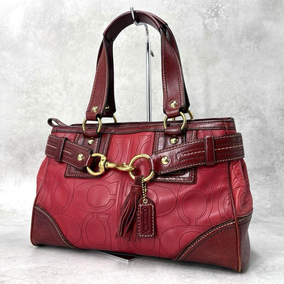 【美品】コーチ シグネチャー オールレザーハンドバッグ ホースビット タッセル