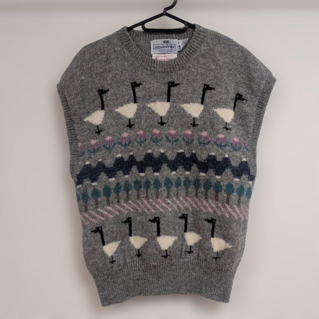 スーザンブリストル グレー ニットベスト　鳥柄