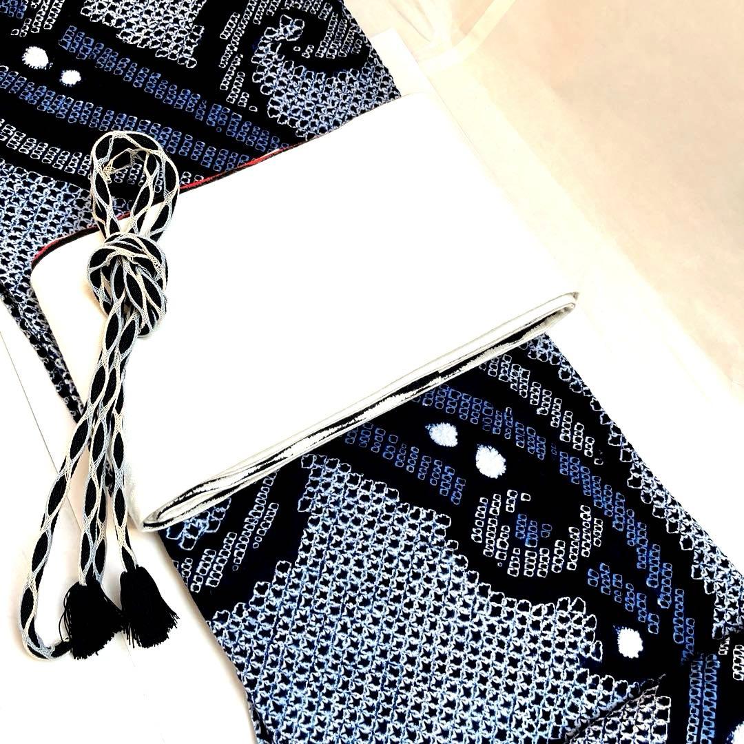 有松鳴海絞り 唐草模様 広襟そう手縫い仕立て 濃紺×ブルー 洗い済み 美品S