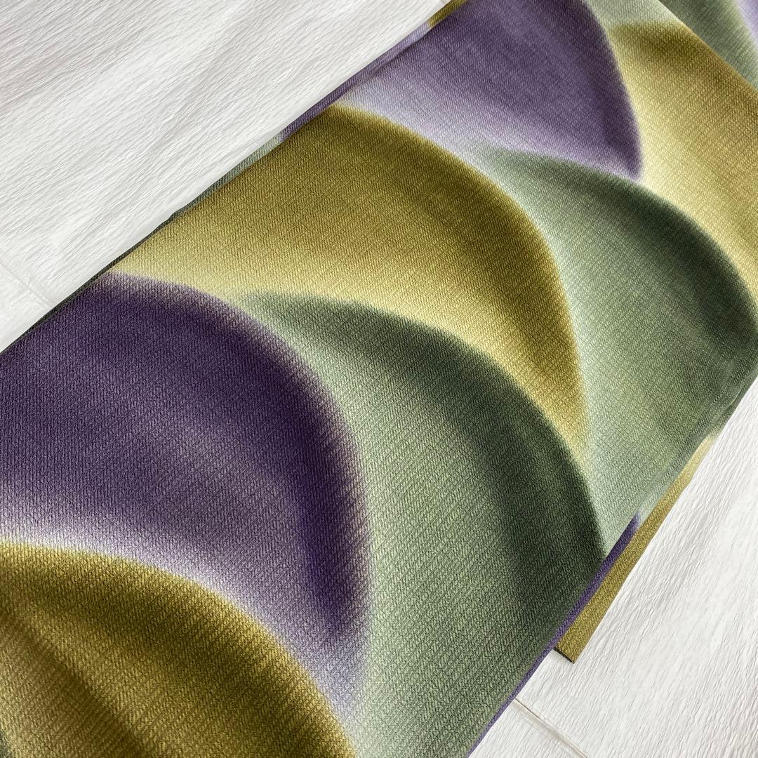 ＢＹ6391 緑　紫　名古屋帯 正絹 小紋 紬 色無地