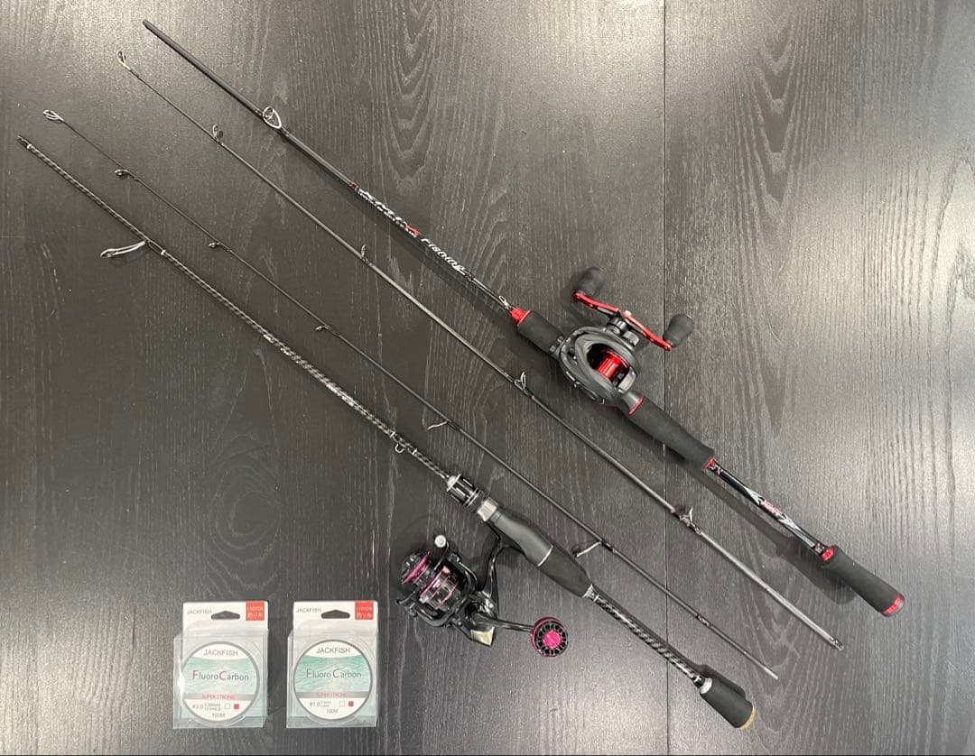 バス釣り2セット・ベイトロッド&リール(右巻)スピニングロッド&リール・ライン付