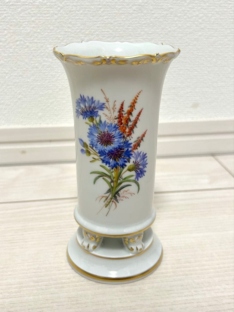 マイセン 一級品 花瓶 フラワーベース 矢車菊 蝶 花 昆虫