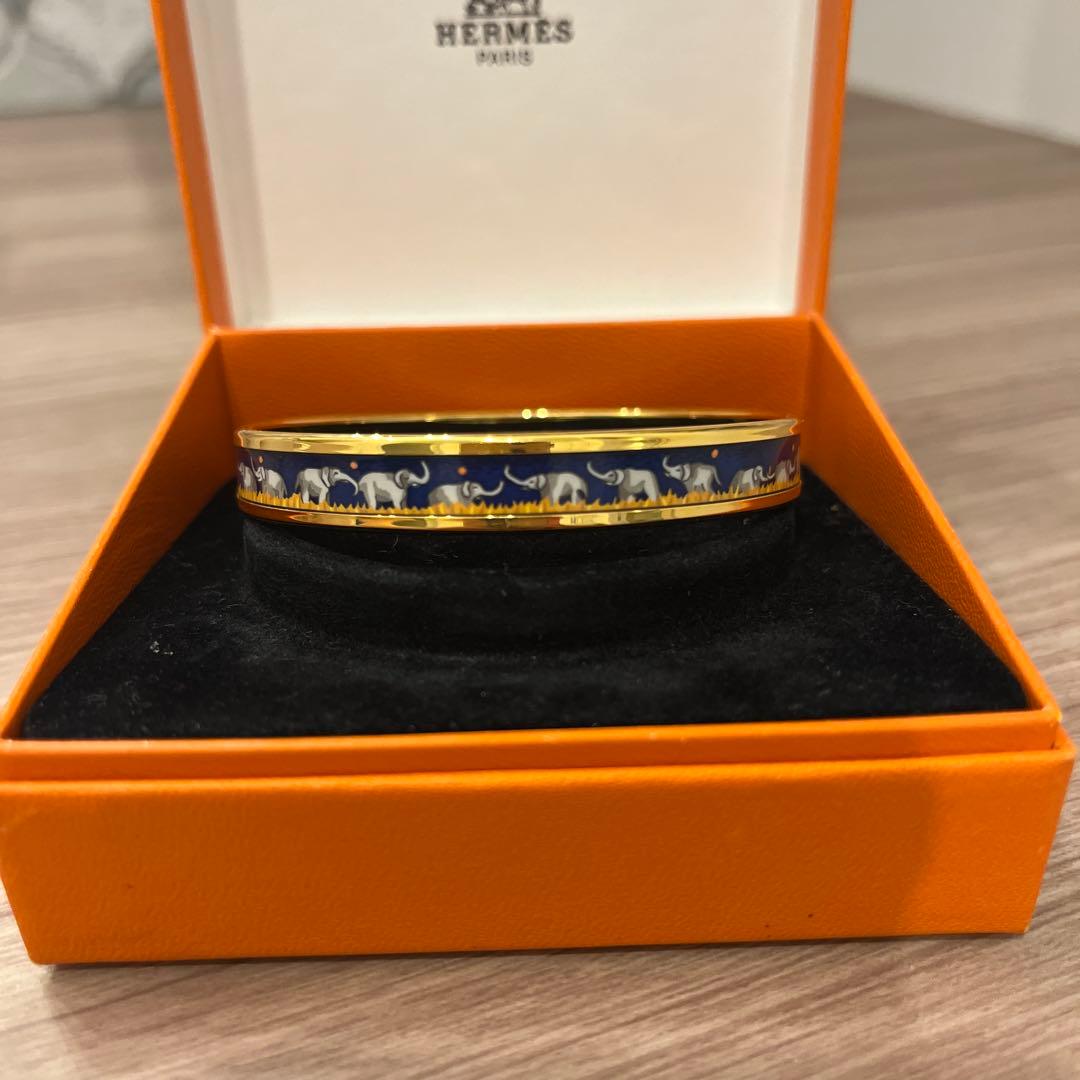 HERMES バングル エマイユ　七宝焼　青と金 象模様 金メッキ