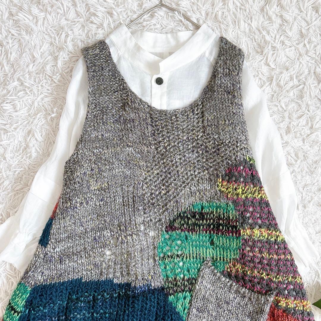 美品⁂センソユニコ⁂ニットベスト　チュニック　アシメ　変形ヘム　マルチカラー　L