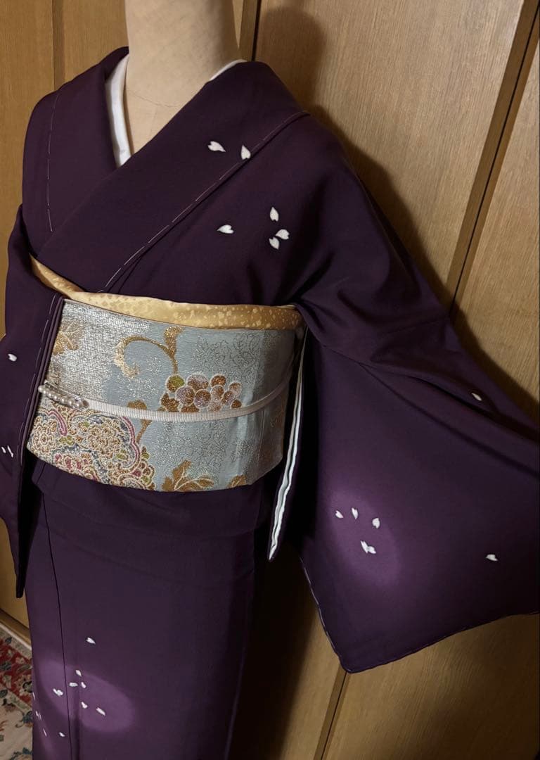 正絹縮緬　小桜、蛍暈し訪問着　 小豆紫【洛楽人工房】トール裄長 未使用　美品