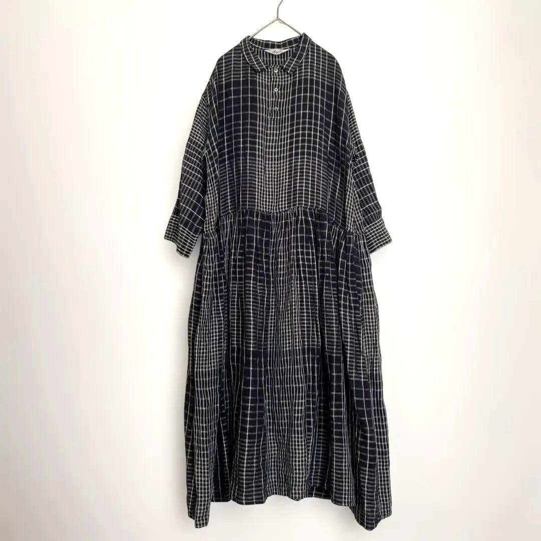 イチ　アンティーク　ロングワンピース　麻リネン100%チェックICHI