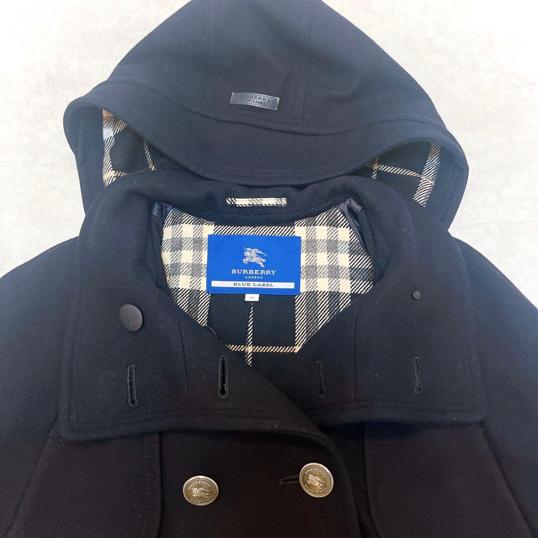 美品◆バーバリー ウール ケープ コート 銀ボタン ノバチェック◇ネイビー 38
