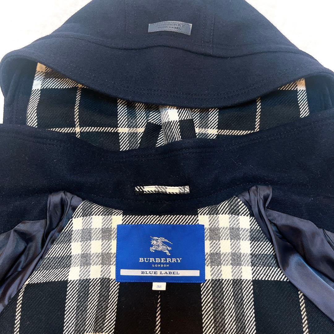 美品◆バーバリー ウール ケープ コート 銀ボタン ノバチェック◇ネイビー 38