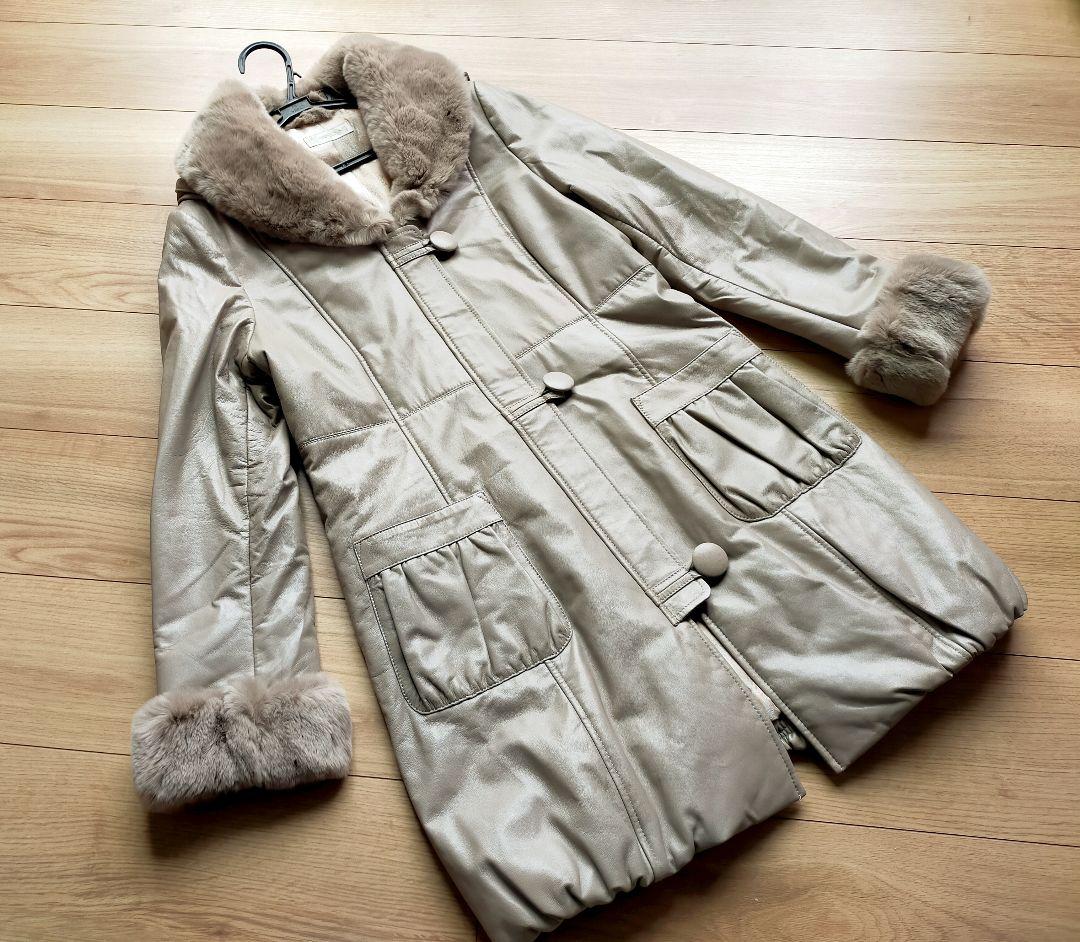 美品 PARIENNEパリエンヌ柔らか羊革レッキスフード付コートジャケット９号М