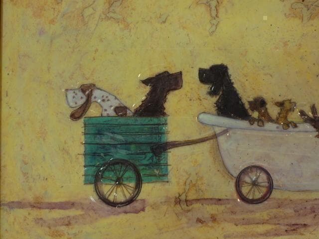 癒し　絵画★サムトフト アートフレーム「いぬタクシー」★【 動物＆癒しアート】