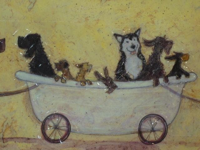 癒し　絵画★サムトフト アートフレーム「いぬタクシー」★【 動物＆癒しアート】