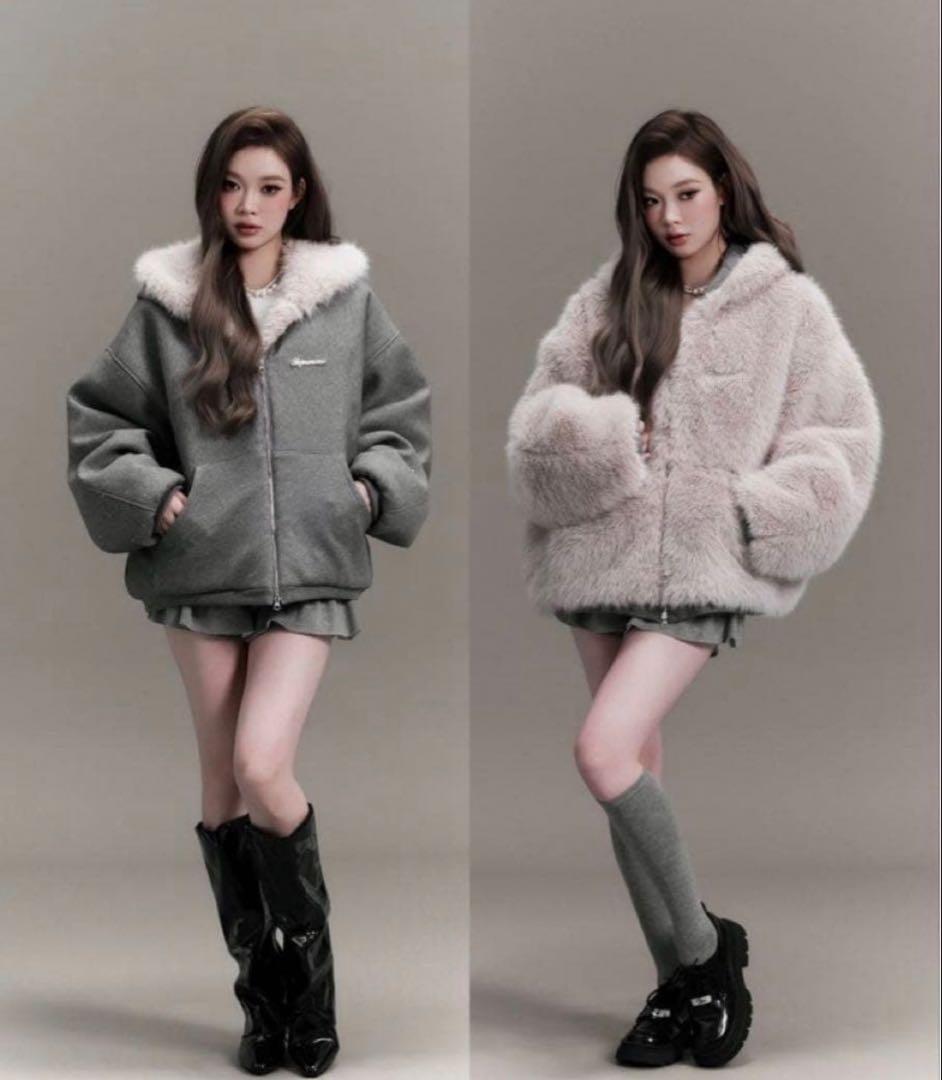 ジャケット・アウター andwang Kirakira 2way fur zip up gray