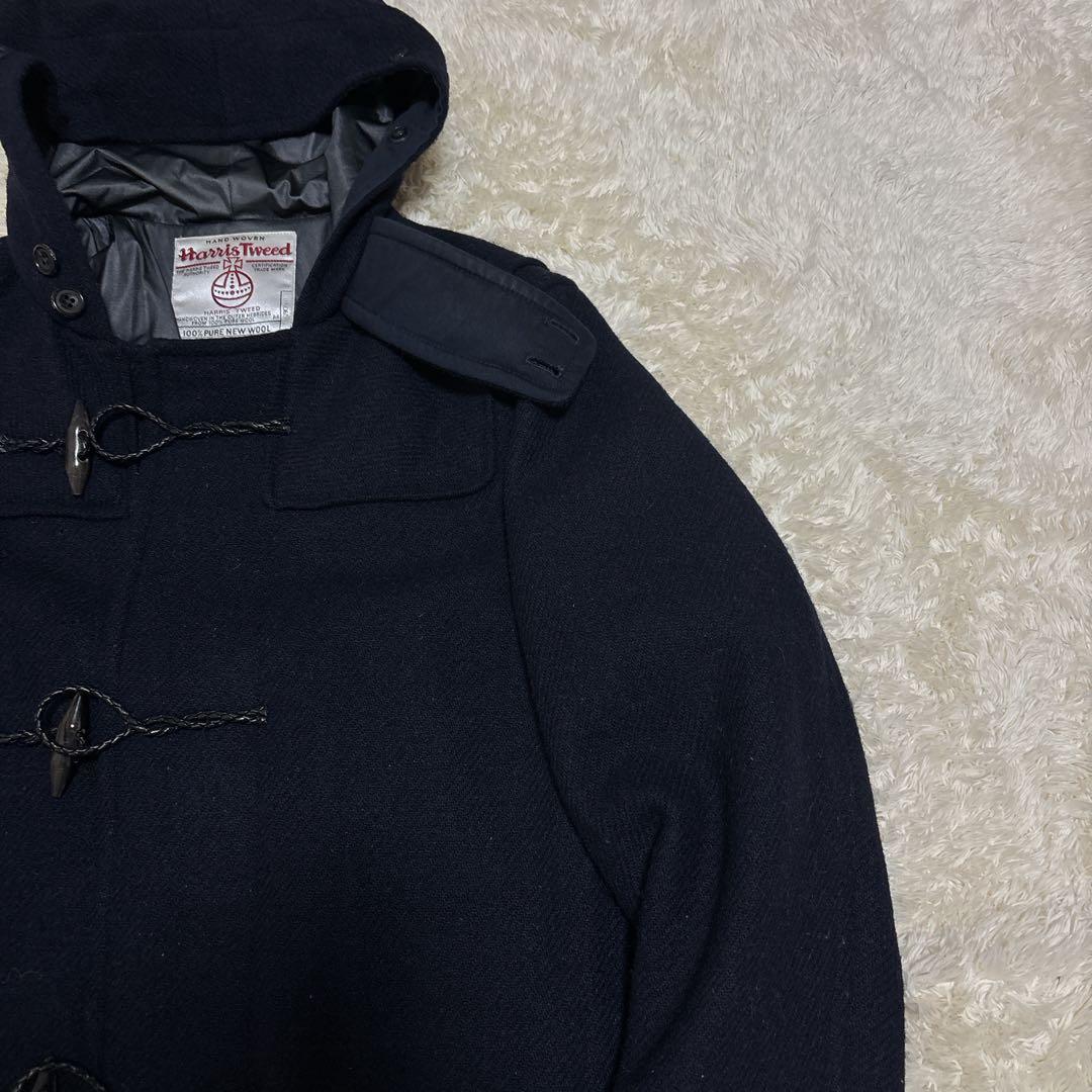 ハリスツイード×ビームスプラス ダッフルコート ロング L フード 牛革 紺