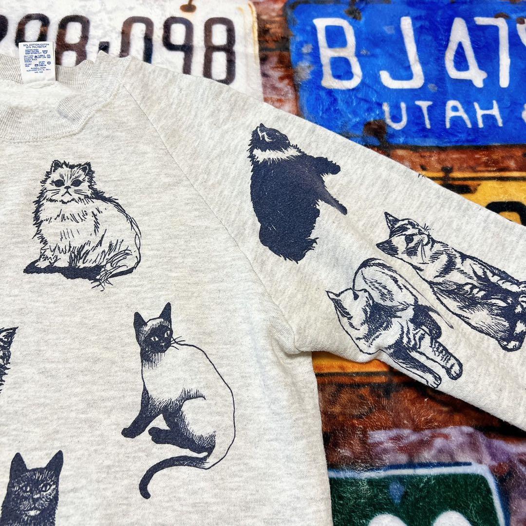 n*様 90s USA製 JERZEES 総柄 キャット　スウェット L 猫 ア