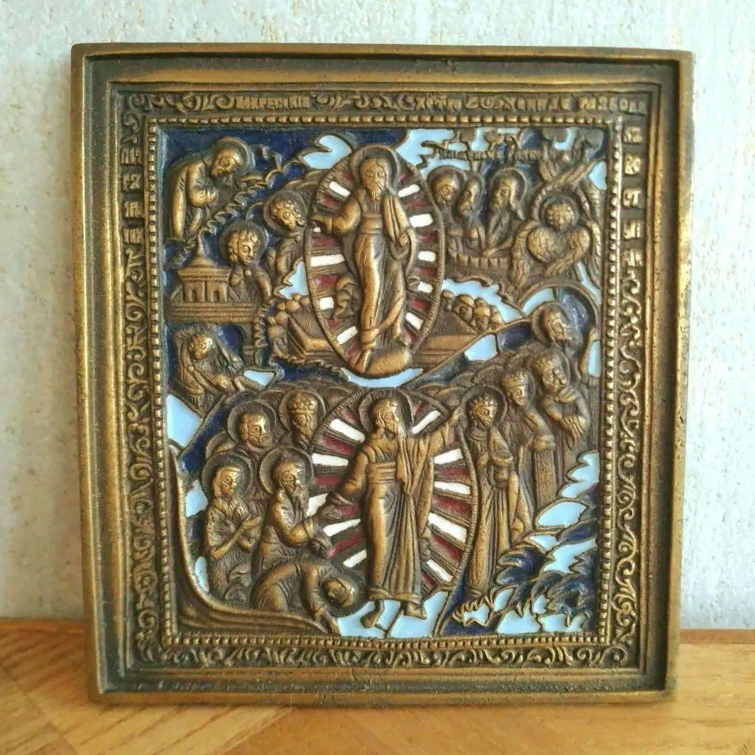 ロシア　イコン　18世紀　銅合金　古銅　エマイユ　キリストの降下　壁掛け