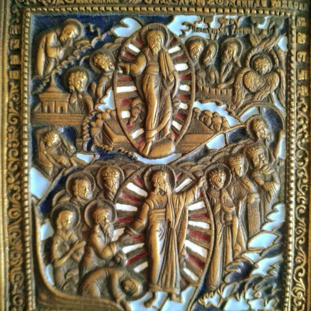 ロシア　イコン　18世紀　銅合金　古銅　エマイユ　キリストの降下　壁掛け