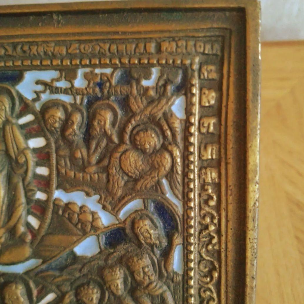 ロシア　イコン　18世紀　銅合金　古銅　エマイユ　キリストの降下　壁掛け