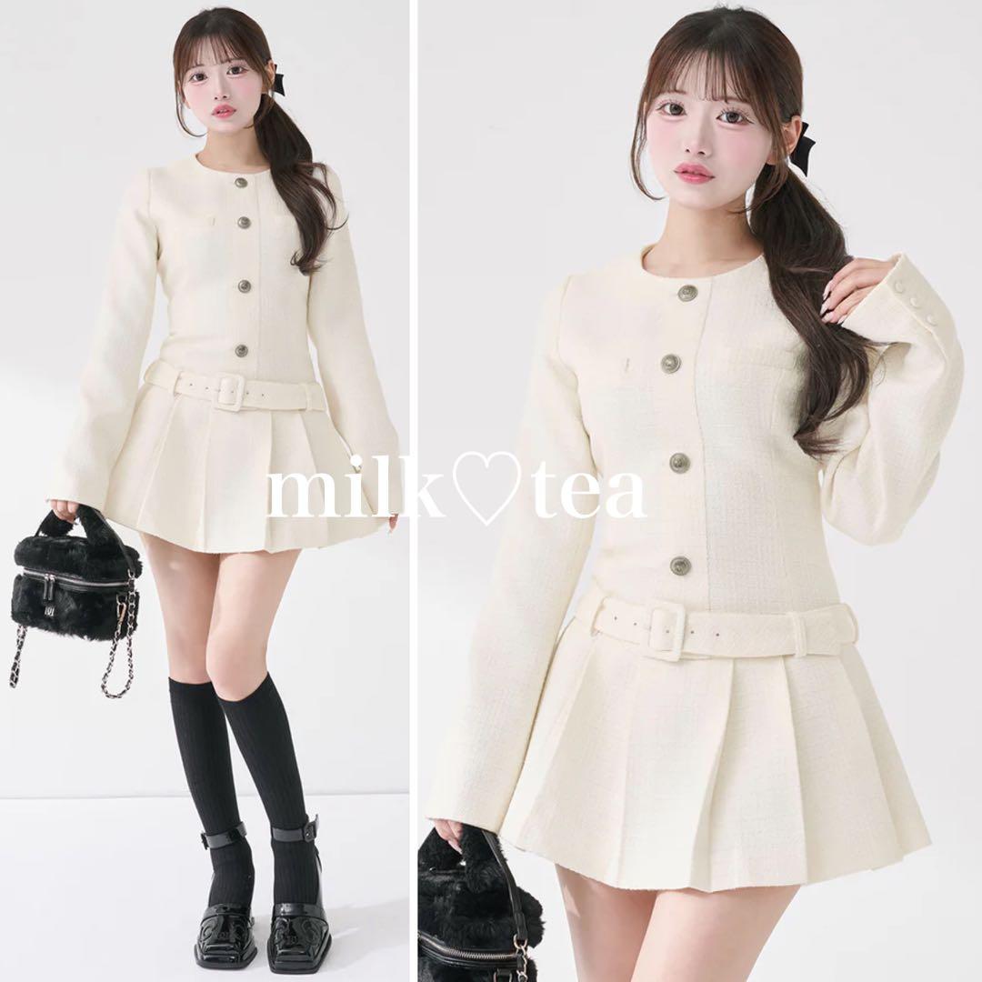 新品タグ付 ダーリッチ ボックスプリーツツイードミニワンピース ホワイト フリー