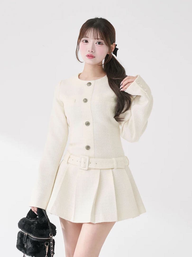 新品タグ付 ダーリッチ ボックスプリーツツイードミニワンピース ホワイト フリー