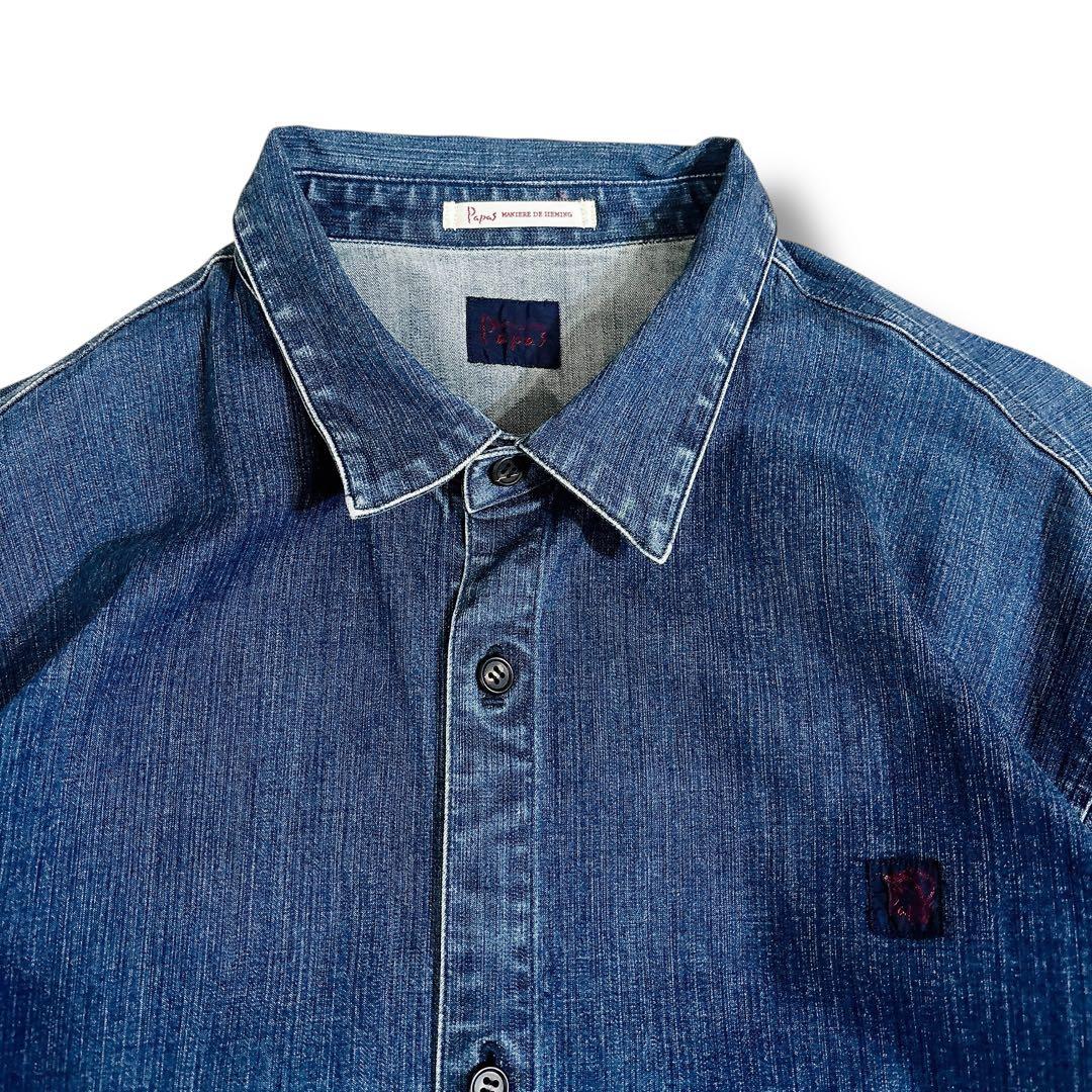 希少 Papas インディゴ デニム ワーク カバーオール シャツ Lサイズ