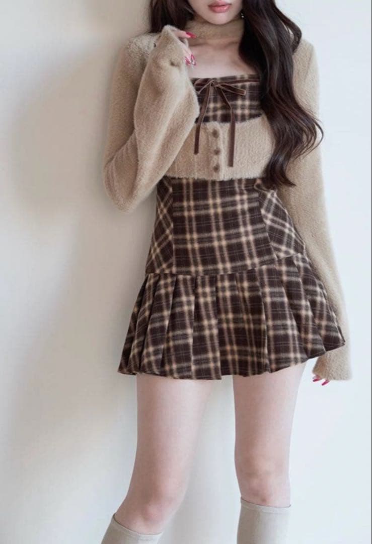 【即日発送可能】BunnyLisファーボレロ×チェックミニワンピ