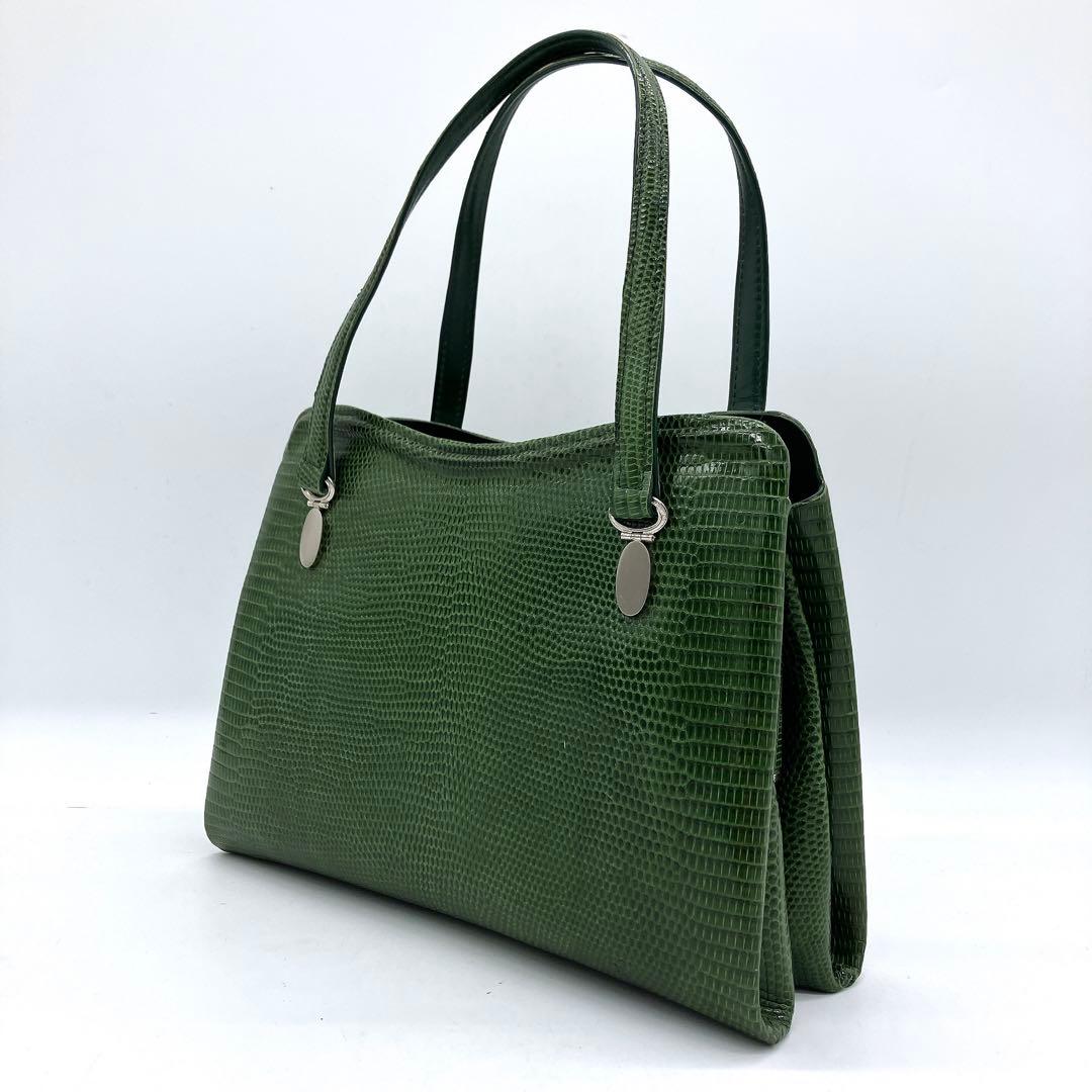 希少リザード本革【MARUU】ハンドバッグ　グリーン　フォーマルバッグ　ガマ口