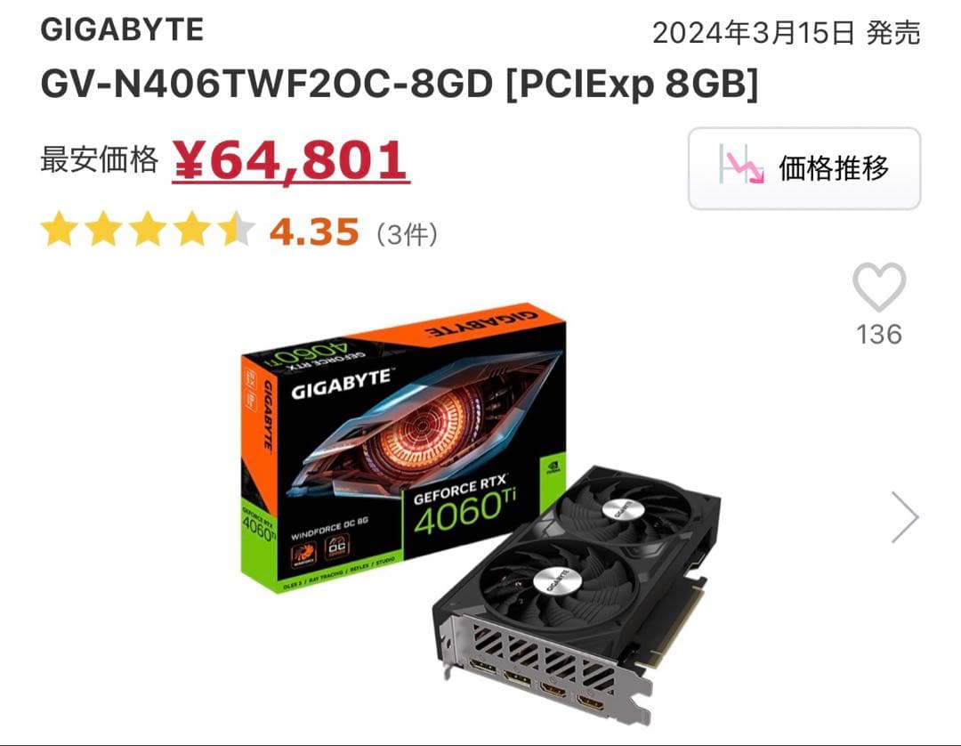 ほぼ新品　RTX4060ti