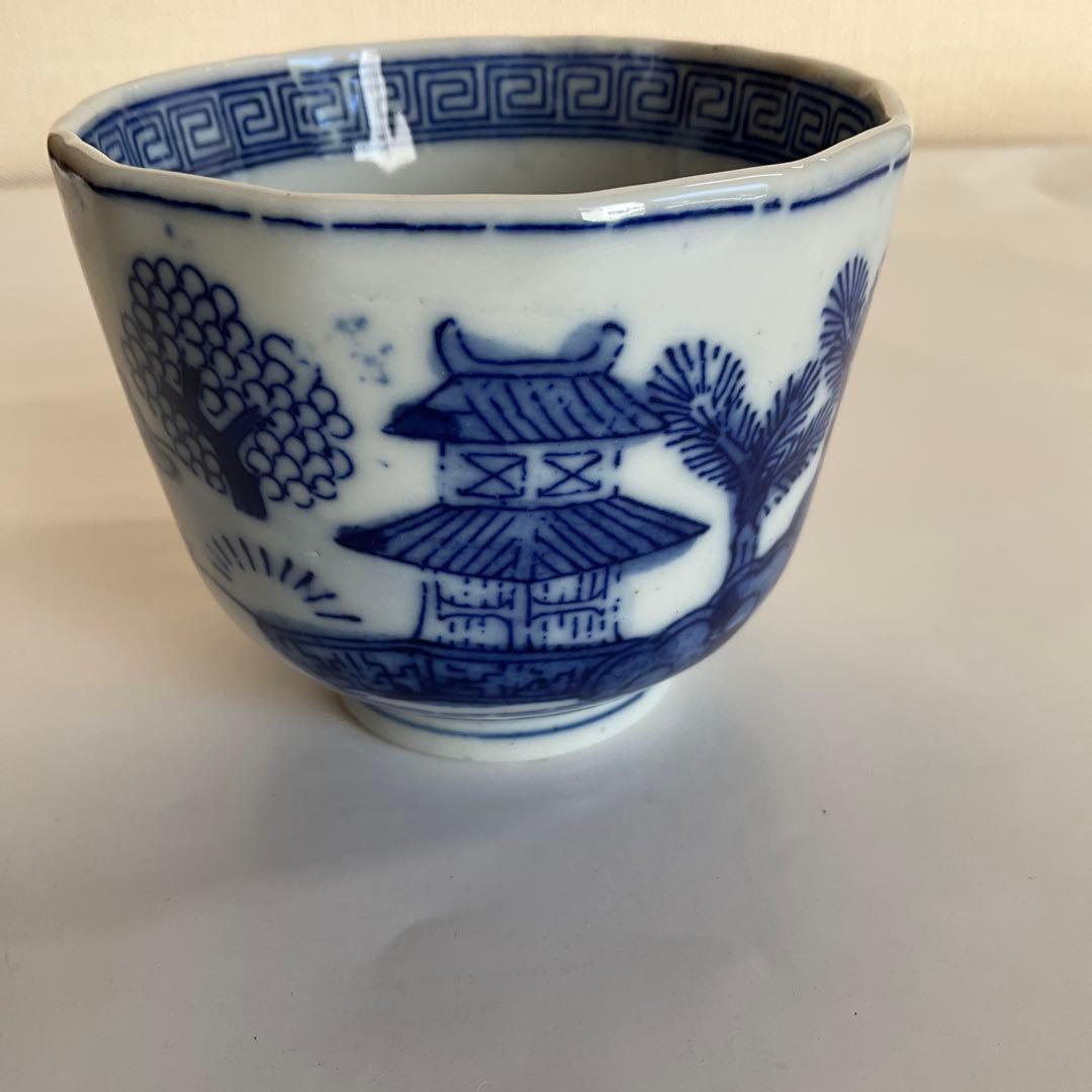 染付楼閣山水唐人文向付(蕎麦猪口)24客組　幕末〜明治時代頃