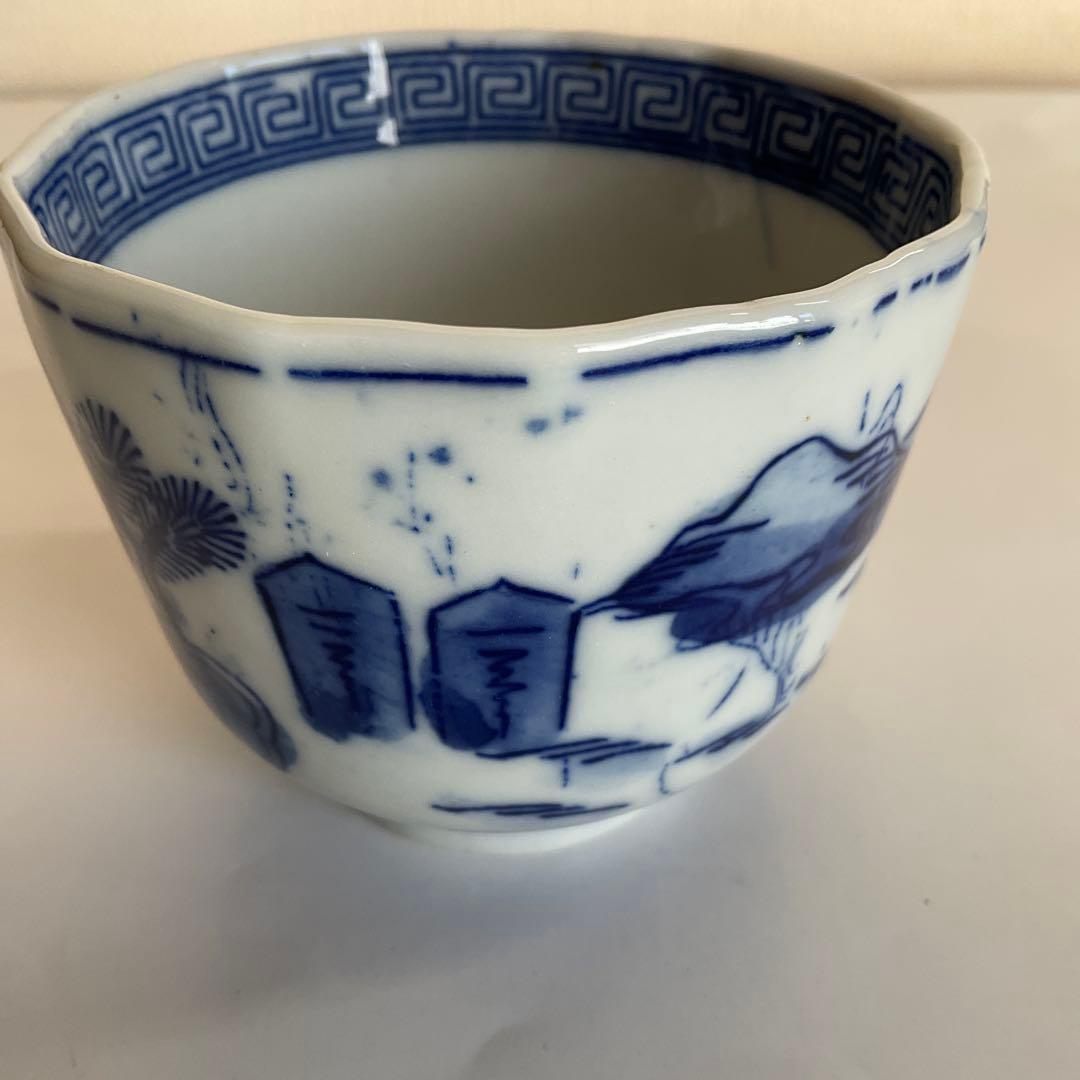 染付楼閣山水唐人文向付(蕎麦猪口)24客組　幕末〜明治時代頃
