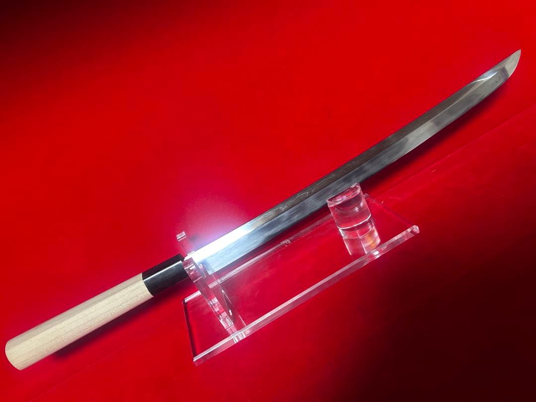 01594 包丁　先丸蛸引　尺一　玉鋼　両刃　刃文有り　墨流し　箱付　未使用品