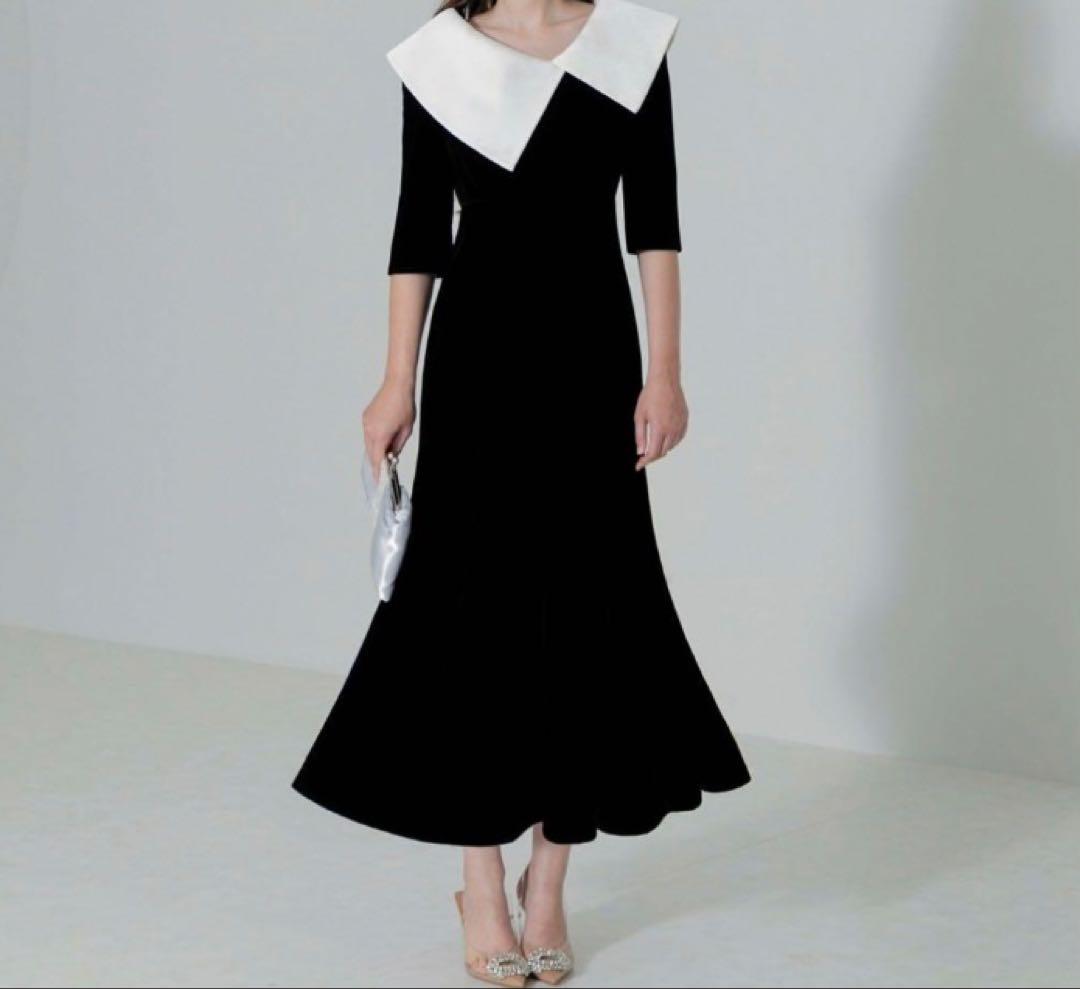 EJA アシンメトリービッグカラーベロアマーメイドワンピースドレス