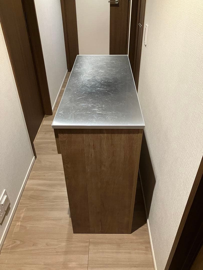 木製キッチンカウンター 金属天板付き