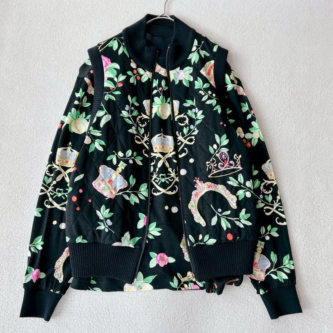 レオナール　アンサンブル　ニット　ウールベスト　キルティング　花柄　黒　M L