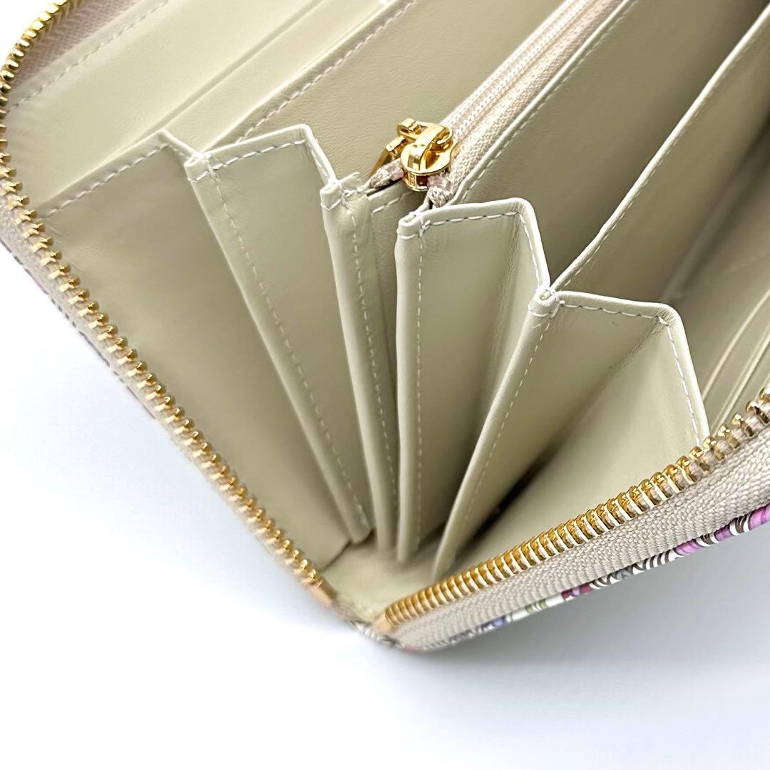 未使用✨浅草文庫 友禅染 花菱 ラウンドジップ 長財布 ピンク 型押しレザー